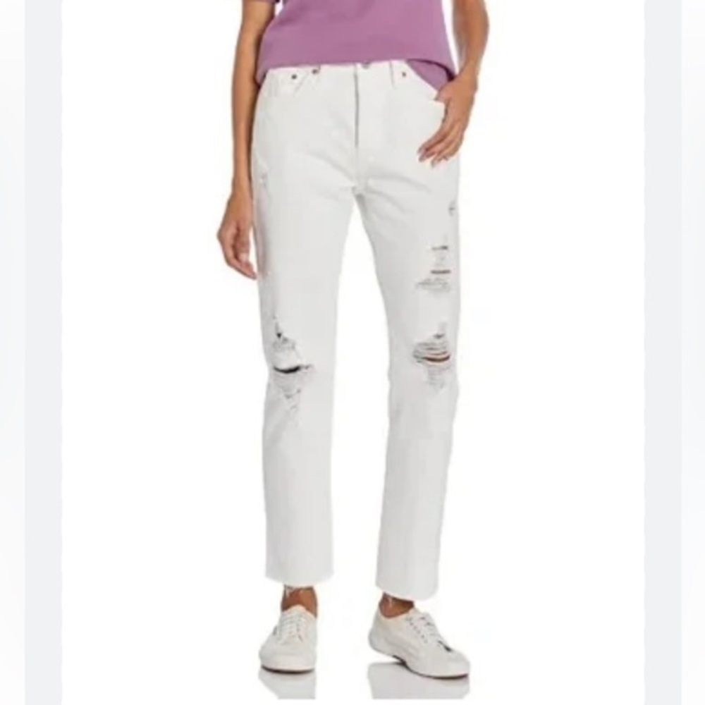 LEVI'S 501s White High Rise Distressed Denim Ankle Length Cropped Sz 27‎